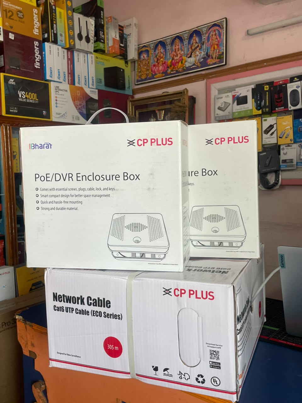 CP Plus PoE/DVR enclosure boxes and Cat6 network cable at SRS Computers